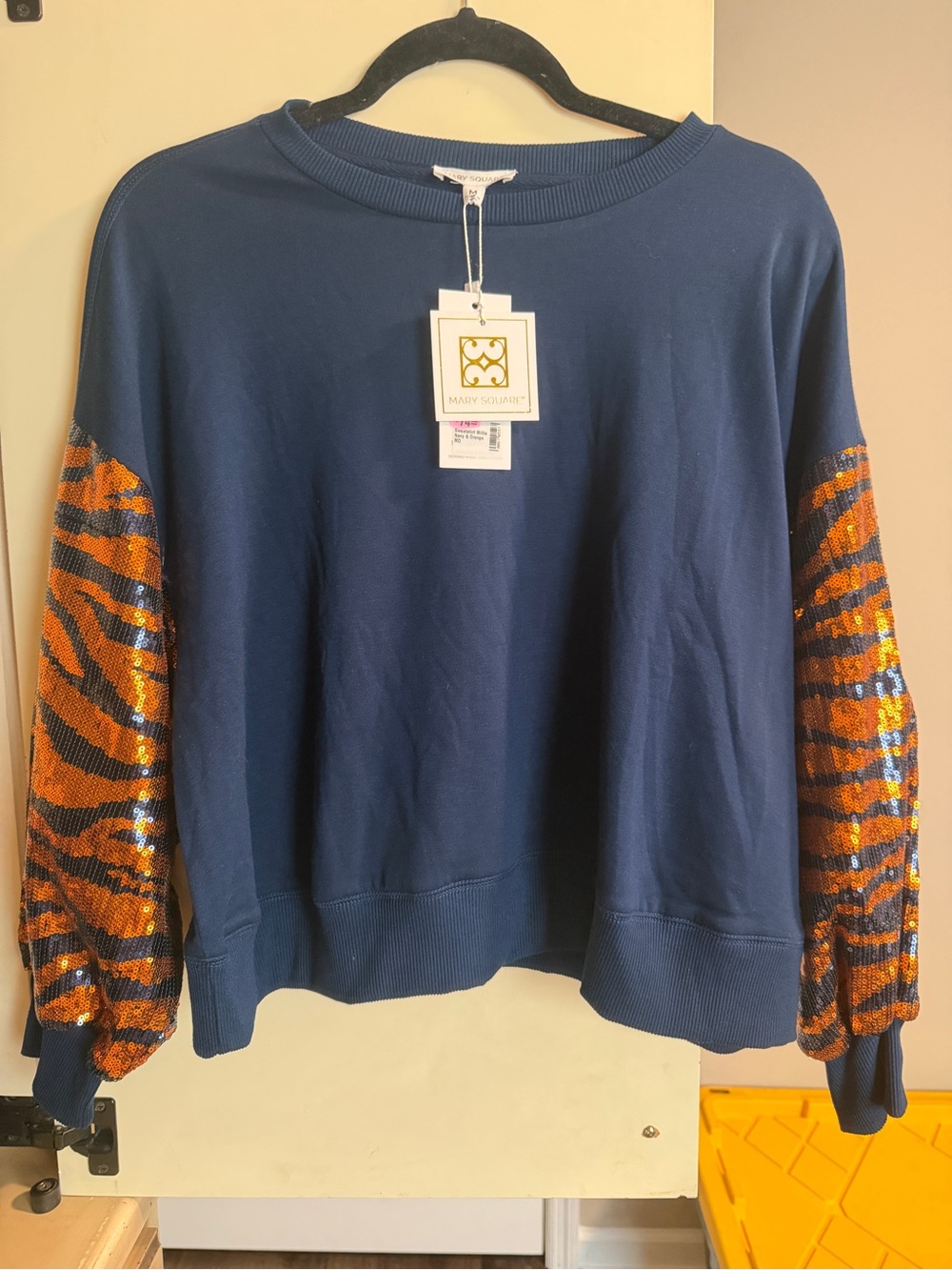Auburn Navy Sweater with Orange Sequin Sleeve Detail